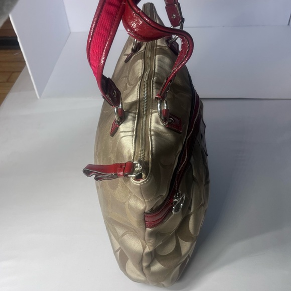 Y2K Authentic Coach Daisy Signature Tote Bag Brown Red Trim #H1257 -F20026 - Picture 3 of 15